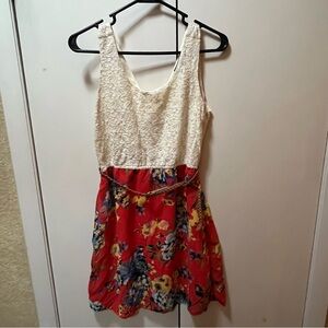 Indulge Floral Red and White Dress with Tan Belt